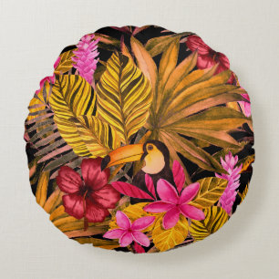 Coussins Ronds Flamant rose tropical : Hibiscus Motif d'été