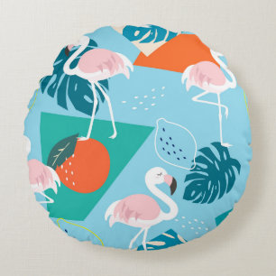 Coussins Ronds Flamant rose Tropical, Motif Vintage tendance.