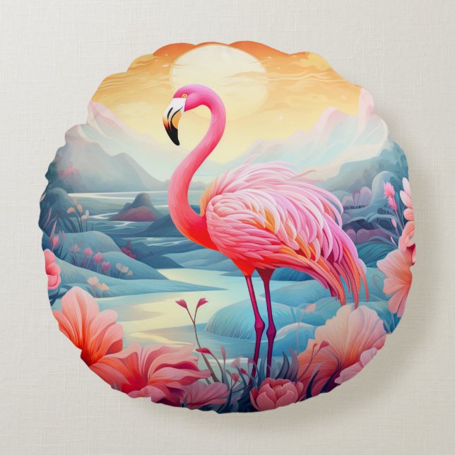 Coussins Ronds Flamant Tropical avec Fleurs (Devant)