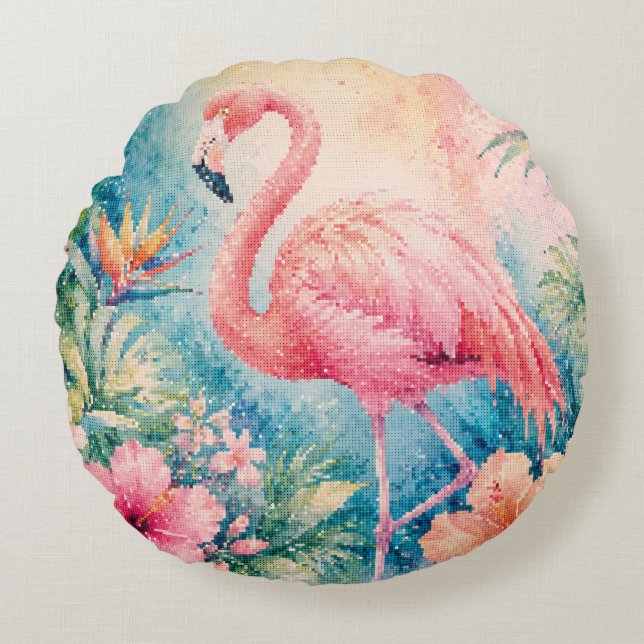 Coussins Ronds Flamant Tropical avec Fleurs d'Hibiscus (Devant)