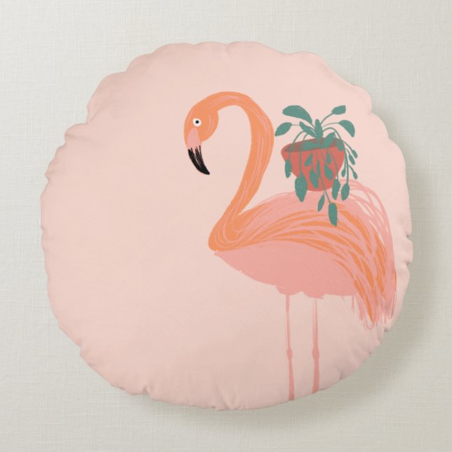 Coussins Ronds Flamant tropical avec plante en pot dessinée à la  (Devant)