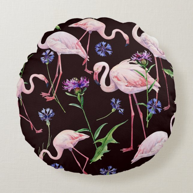 Coussins Ronds Flamants d'aquarelle et fleurs sauvages motif. (Devant)