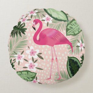 Coussins Ronds Flamingo and palm trees seamless pattern illustrat