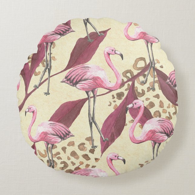 Coussins Ronds Flamingo rose tropical, motif léopard. (Devant)