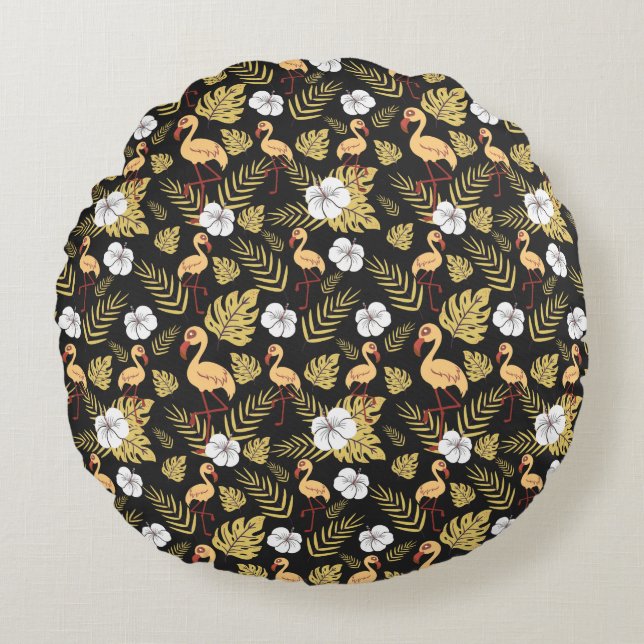 Coussins Ronds Flamingo seamless pattern yellow and white flowers (Devant)