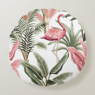 Coussins Ronds Flamingo vintage rose tropicale, bananiers et 