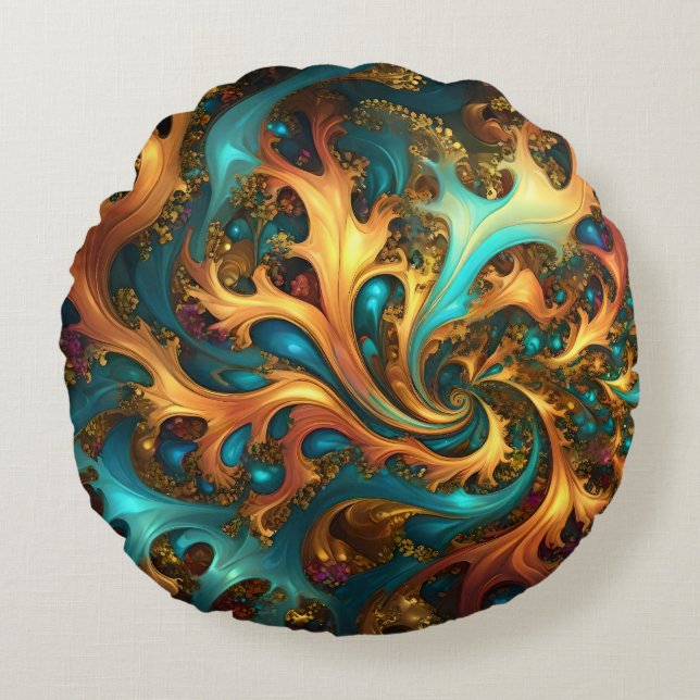 Coussins Ronds Flammes Abstraites or Turquoise orange, (Devant)