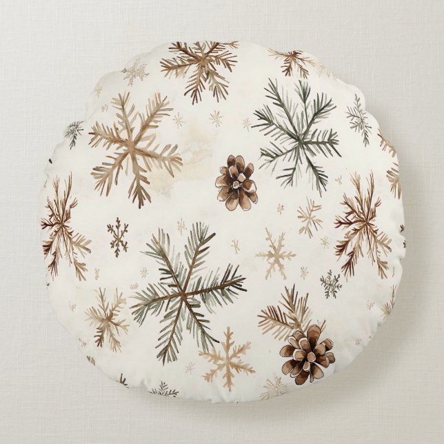 Coussins Ronds Flammes de neige et pinecones d'hiver rustiques (Devant)