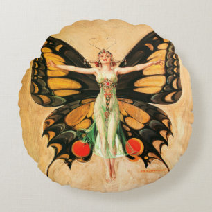 Coussins Ronds Flapper Butterfly Flying Woman Illustration