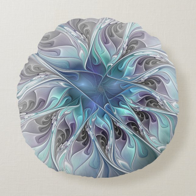 Coussins Ronds Fleur Abstraite Fractale Moderne Avec Bleu (Devant)