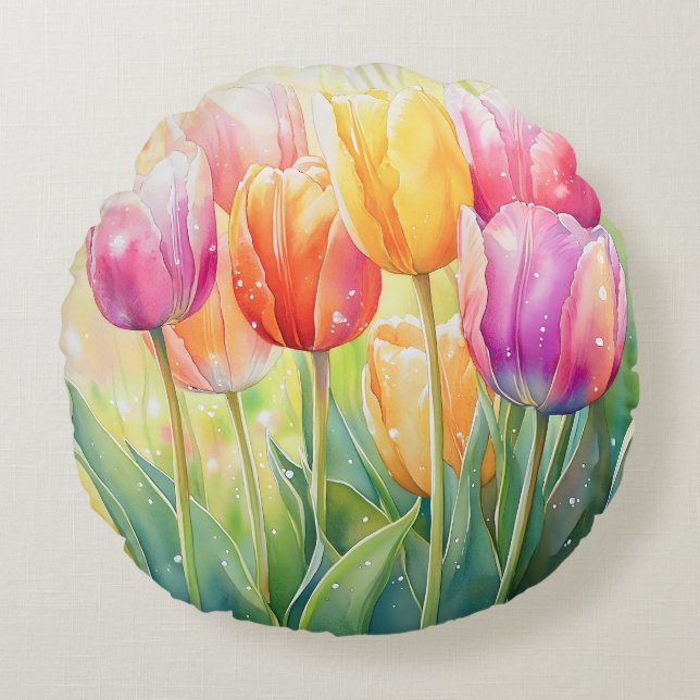 Coussins Ronds Fleur Aquarelle Ressort Jardin Tulip (Devant)