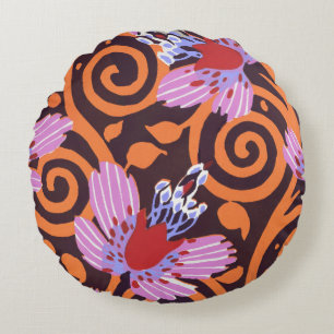 Coussins Ronds Fleur Art Déco tourbillonnante rose et orange vibr