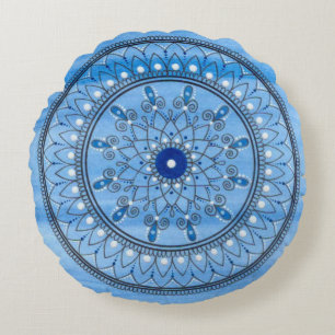 Coussins Ronds Fleur assez bleue et blanche tirée par la main de