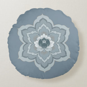 Coussins Ronds Fleur Baoxiang chinoise dans un bleu brumeux et ja