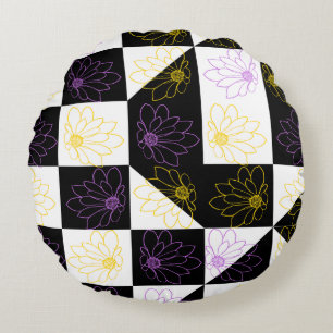 Coussins Ronds fleur dans un motif à carreaux esthétique monochro