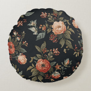 Coussins Ronds Fleur de Cottagecore Sombre Noir Sauge Orange Brûl