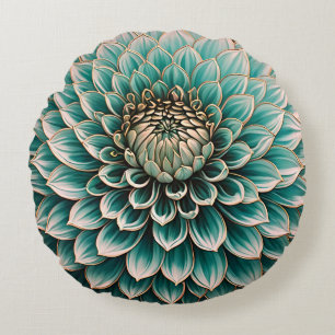 Coussins Ronds Fleur de Dahlia en bleu sarcelle aquatique Art num