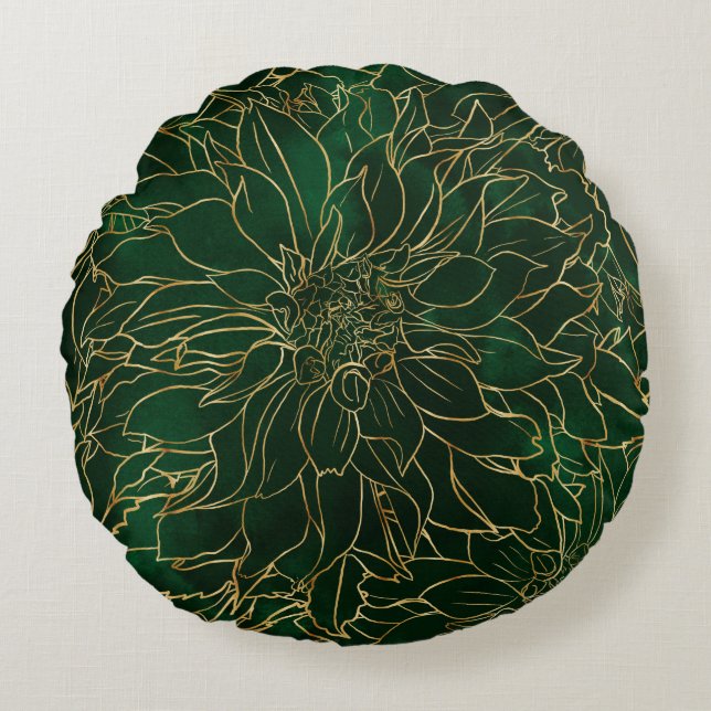 Coussins Ronds Fleur de dahlia or et vert (Devant)