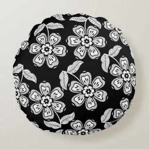 Coussins Ronds Fleur de doodle noir et blanc motif noir, abstrait
