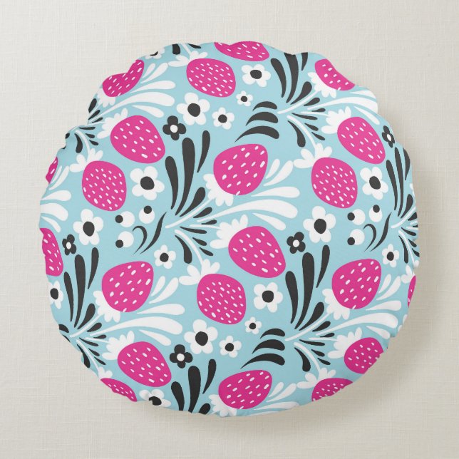 Coussins Ronds Fleur de fraise : Berry Rose Sans Seamless. (Devant)