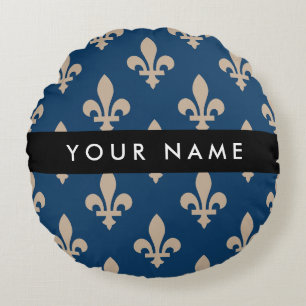 Coussins Ronds Fleur de Lis, Beige sur Bleu Nuit, Royal, Votre No