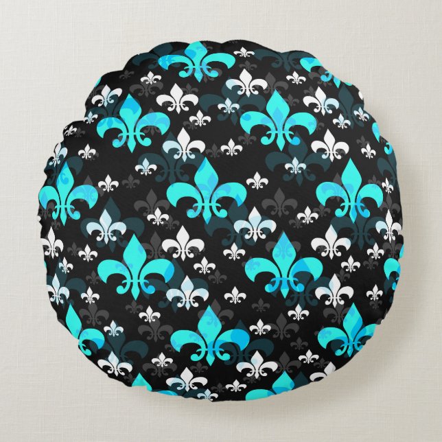 Coussins Ronds Fleur De Lis Blanc Bleu (Devant)