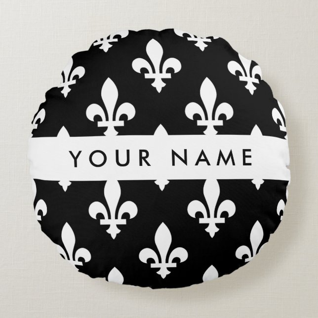 Coussins Ronds Fleur de Lis, Blanc sur Noir, Blanc, Votre Nom (Devant)
