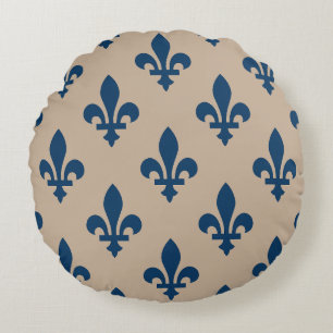 Coussins Ronds Fleur de Lis Motif, Royal French Blue sur Crème