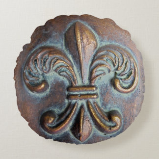 Coussins Ronds Fleur De Lis, Revêtement De Cuivre Vieilli Imprimé