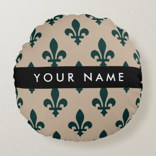Coussins Ronds Fleur de Lis, Vert sur Beige, Royal, Votre Nom