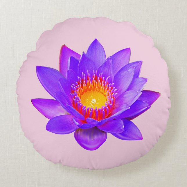 Coussins Ronds Fleur de lotus violette sur fond rose clair (Devant)