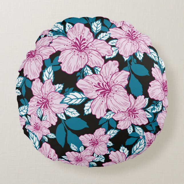 Coussins Ronds fleur de lys rose bleu feuille noir arrière - plan (Devant)