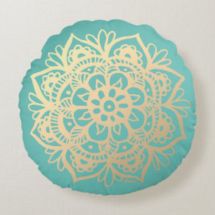 Coussins Ronds Fleur de Mandala Turquoise verte et dorée