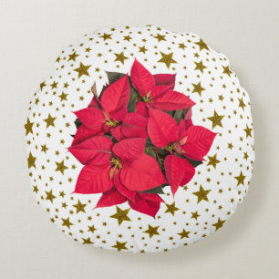 Coussins Ronds Fleur de Noël rouge, étoiles dorées scintillantes