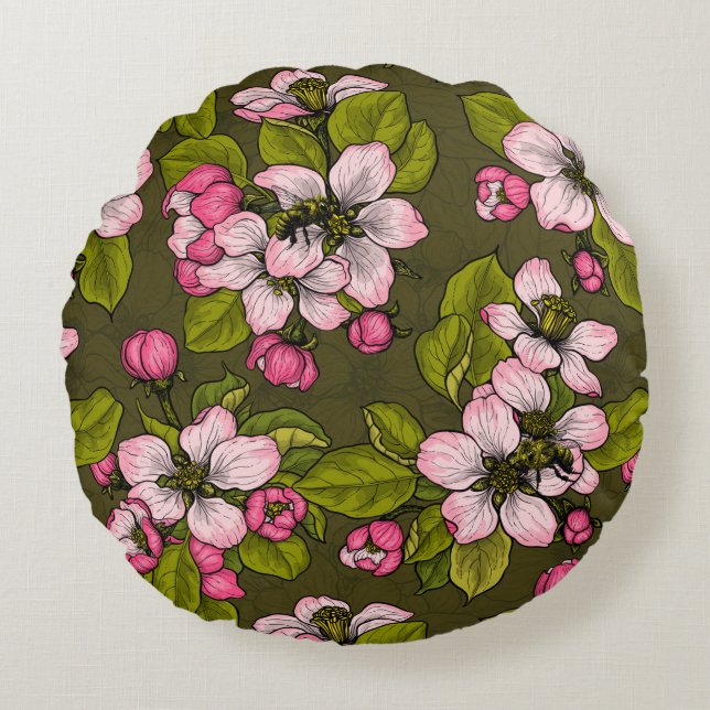 Coussins Ronds Fleur de pomme sur vert foncé (Devant)
