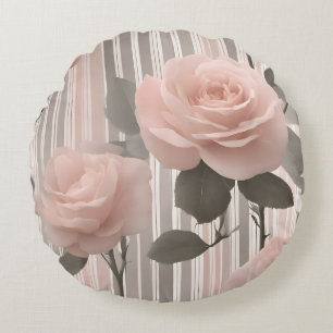 Coussins Ronds Fleur de rose rose et rayures, aspect vintage
