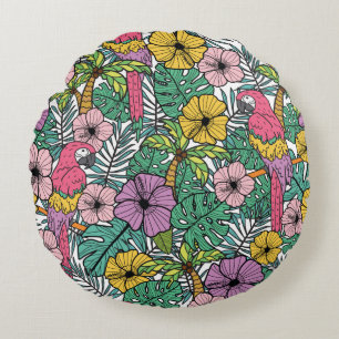 Coussins Ronds Fleur d'hibiscus tropicale avec palme, perroquets