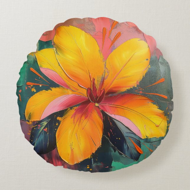 Coussins Ronds Fleur Dorée – Expression Florale Abstraite Vibrant (Devant)