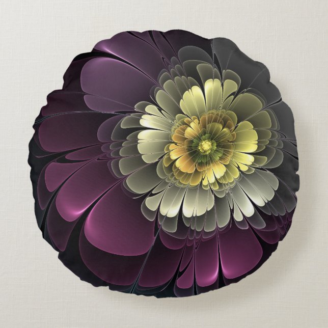 Coussins Ronds Fleur fractale grise et pourpre moderne abstraite (Devant)