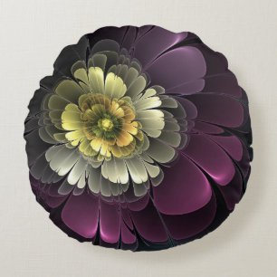 Coussins Ronds Fleur fractale grise et pourpre moderne abstraite