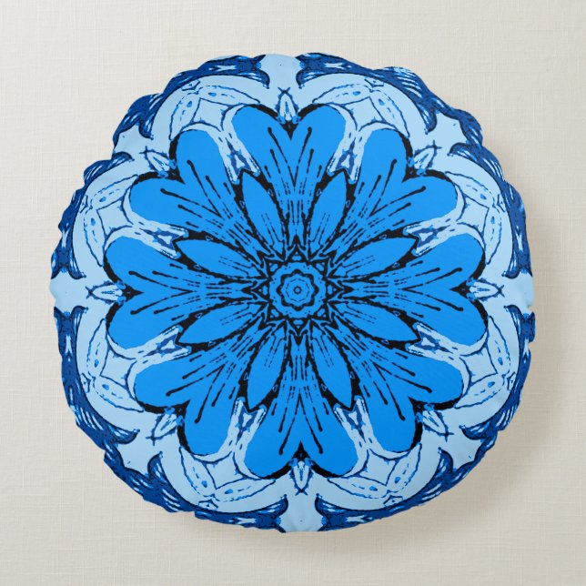 Coussins Ronds Fleur géométrique Motif en Cerulean & Bleu clair (Devant)