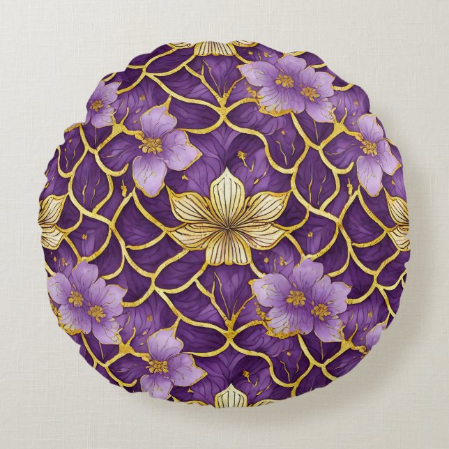 Coussins Ronds Fleur Japonaise Or Pourpre (Devant)