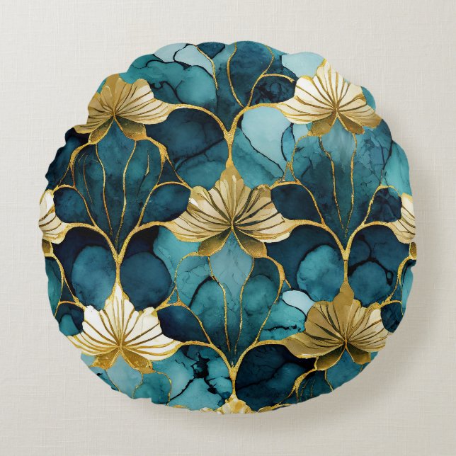 Coussins Ronds Fleur Japonaise Sarcelle Or (Devant)