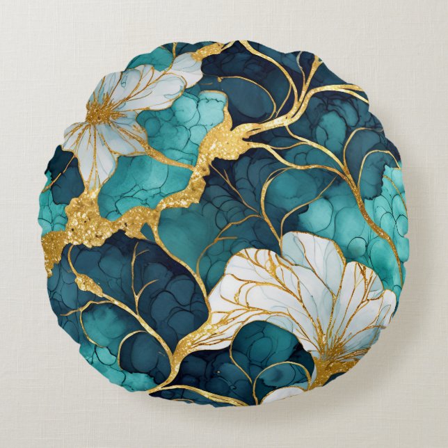 Coussins Ronds Fleur Japonaise Sarcelle Or (Devant)