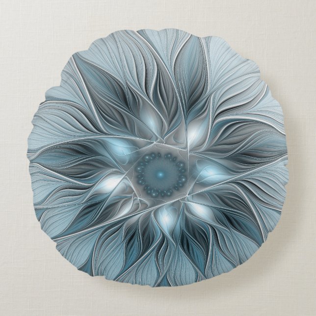 Coussins Ronds Fleur Joyeuse Abstrait gris bleu floral Fractal (Devant)