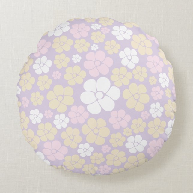 Coussins Ronds Fleur Motif - Pastel rose, jaune et violet (Devant)