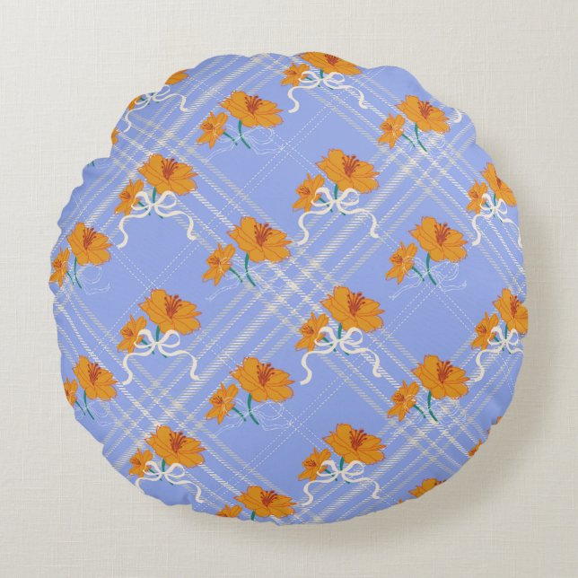 Coussins Ronds Fleur orange mignonne sans soudure sur bleu plaid (Devant)