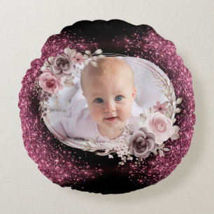 Coussins Ronds Fleur rose or deux Photo Bébé Fille mignonne