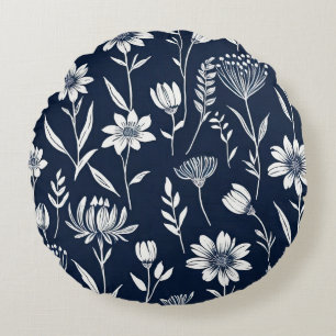 Coussins Ronds fleur sauvage bleu et blanc - Style d'impression e