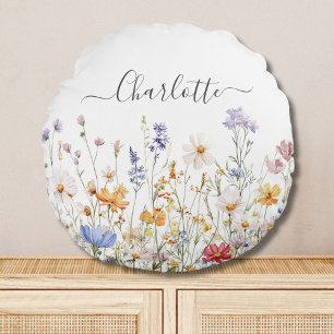 Coussins Ronds Fleur Sauvage Colorée Aquarelle Monogramme Élégant